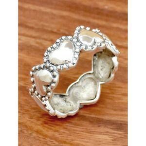 Retro Silvertone Heart Band Ring Wide Antique Style Boho Fashion Jewelry